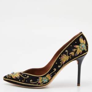 Malone Souliers Black Velvet Crystal Embroidered Pointed Toe Pumps Size 41