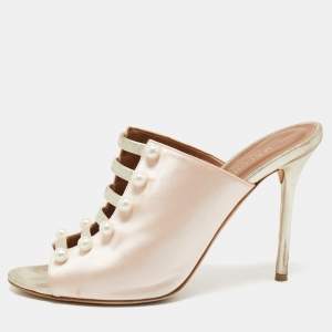 Pre Owned Malone Souliers Pink/Gold Leather And Satin Zada Mules Size 40