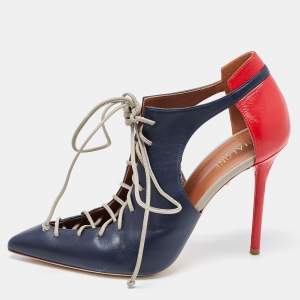 Pre Owned Malone Souliers Navy Blue/Red Leather Montana Lace Up Pumps Size 38