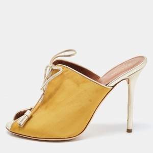 Pre Owned Malone Souliers Yellow Canvas and Leather Peep Toe Lace Up Mules Size 38.5