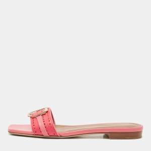 Pre Owned Malone Souliers Pink Leather Coral Perforated Gena Flat Slides Size 38