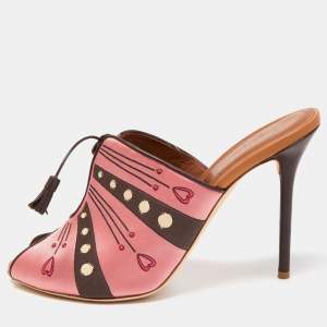 Malone Souliers x Natalia Vodianova Pink/Brown Satin Embroidered Open Toe Mules Size 41