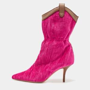 Malone Souliers Pink/Brown Pleated Velvet and Leather Mid Calf Boots Size 37.5