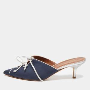 Pre Owned Malone Souliers Navy Blue Canvas Victoria Bow Mules Size 38.5