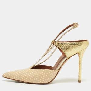 Pre Owned Malone Souliers Beige/Gold Printed Leather and Embossed Python Daria Pumps Size 37
