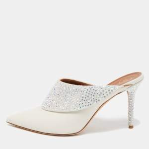 Pre Owned Malone Souliers Cream Leather Crystal Embellished Maisie Mules Size 38