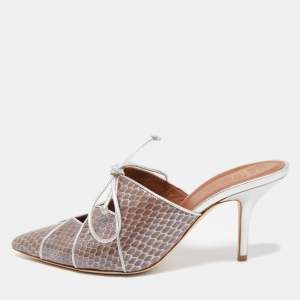 Pre Owned Malone Souliers Silver/Brown Snakeskin and Leather Lulu Tie Mules Size 38