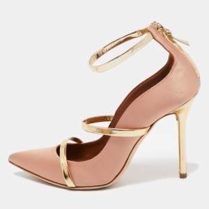 Pre Owned Malone Souliers Pink/Gold Satin and Leather Robyn Pumps Size 37.5