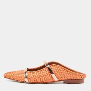 Pre Owned Malone Souliers Orange Woven Satin Maureen Flat Mules Size 36