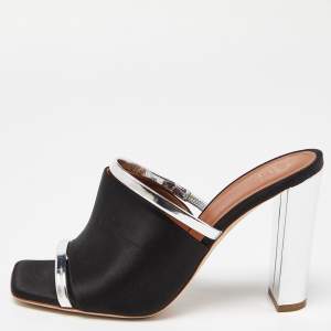 Pre Owned Malone Souliers Black/Silver Satin and Leather Laney Slide Sandals Size 38.5