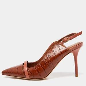 Pre Owned Malone Souliers Brown Croc Embossed Leather Marion Slingback Pumps Size 38