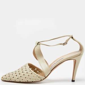 Pre Owned Manolo Blahnik Beige Woven Leather Ankle Strap Sandals Size 41