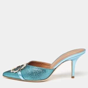 Pre Owned Malone Souliers Metallic Blue Raffia Missy Mule Sandals Size 37