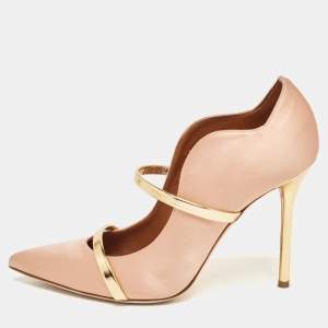 Pre Owned Malone Souliers Peach/Gold Satin and Patent Leather Maureen Pumps Size 39
