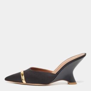 Pre Owned Malone Souliers Black/Gold Satin and Leather Marilyn Wedge Mules Size 38