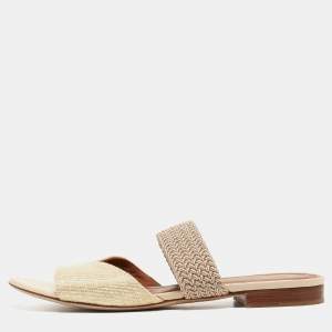 Malone Souliers Cream Woven Raffia Rodena Flat Slides Size 37