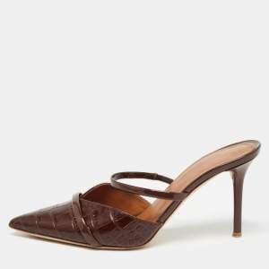 Pre Owned Malone Souliers Brown Croc Embossed and Patent Leather Frankie Mules Size 38