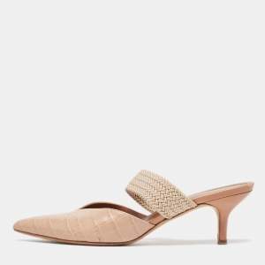 Pre Owned Malone Souliers Beige Croc Embossed Maisie Mules  Size 38
