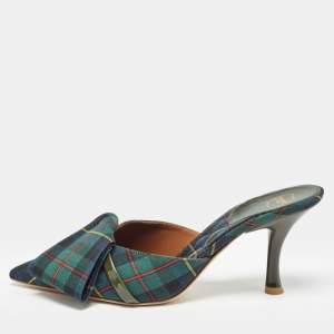 Pre Owned Malone Souliers Green Check Canvas Pointed Toe Mules Size 38.5