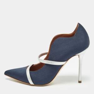 Malone Souliers Navy Blue/Silver Fabric and Leather Maureen Pumps Size 37.5