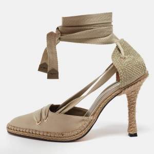 Castaner By Manolo Blahnik Beige Satin and Canvas Espadrille Ankle Tie Pumps Size 38