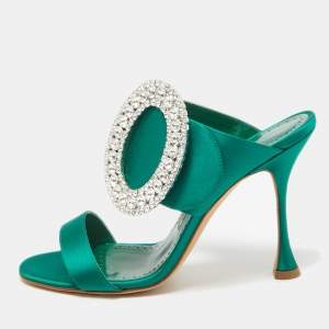 Manolo Blahnik Green Satin Fibiona Slide Sandals Size 37.5