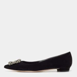 Pre Owned Manolo Blahnik Black Velvet Hangisi Ballet Flats Size 38.5