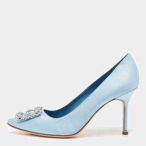 Manolo Blahnik Blue Satin Hangisi Opal Pumps Size 39