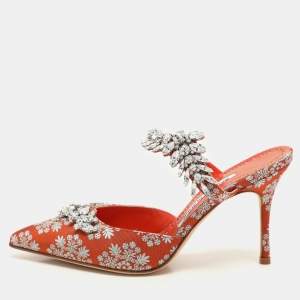 Manolo Blahnik Orange Floral Jacquard Lurum Pointed Toe Mules Size 37