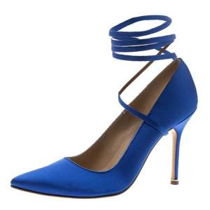 Pre Owned Vetements + Manolo Blahnik Blue Satin Pointed Toe Ankle Tie Pumps Size 38.5