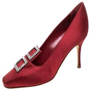 Pre Owned Manolo Blahnik Red Satin Crystal Embellished Pumps Size 37