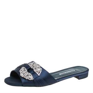 Pre Owned Manolo Blahnik Navy Blue Satin Embellished Pralina Flat Slides Size 39.5