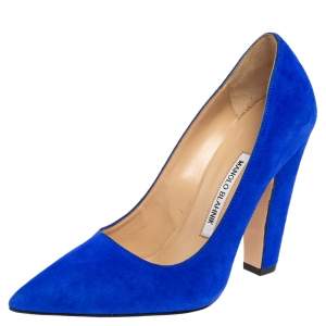 Pre Owned Manolo Blahnik Blue Suede Alba Pointed Toe Pumps Size 37