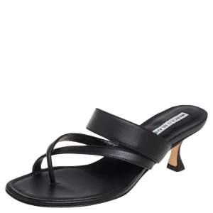 Manolo Blahnik Black Leather Susa Slide Sandals Size 34