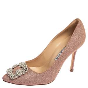 Pre Owned Manolo Blahnik Pink Shimmery Lamé Fabric Hangisi Pumps Size 36.5 