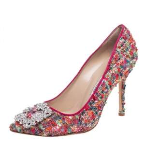 Pre Owned Manolo Blahnik Multicolor Tweed Hangisi Pointed Toe Pumps Size 36.5