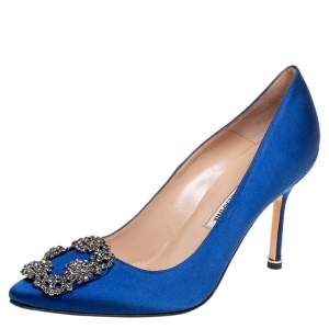 Pre Owned Manolo Blahnik Royal Blue Satin Hangisi Pumps Size 36.5