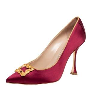 Pre Owned Manolo Blahnik Burgundy Satin Tradimod Pumps Size 37.5