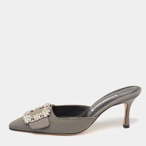 Pre Owned Manolo Blahnik Dark Grey Fabric Maysale Embellished Buckle Mules Size 37.5