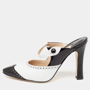 Pre Owned Manolo Blahnik Black/White Brogue Patent and Leather Agatha Mules Size 37