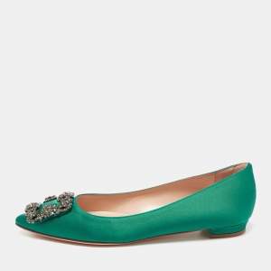 Pre Owned Manolo Blahnik Green Satin Hangisi Ballet Flats Size 35