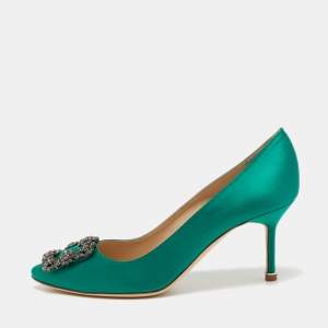 Pre Owned Manolo Blahnik Green Satin Hangisi Pumps Size 37.5
