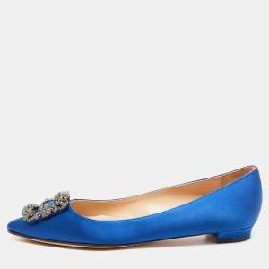 Manolo Blahnik Blue Satin Hangisi Ballet Flats Size 38.5 
