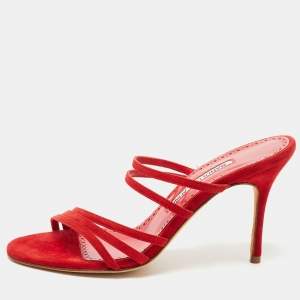 Pre Owned Manolo Blahnik Red Suede Strappy Slides Size 36.5
