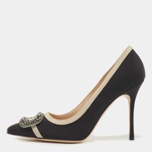 Pre Owned Manolo Blahnik Black/Beige Fabric Gotrian Pumps Size 36.5