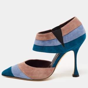 Pre Owned Manolo Blahnik Tri Color Suede Ankle Cuff Pumps Size 36