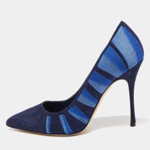 Pre Owned Manolo Blahnik Blue Suede Embroidered BB Pumps Size 36