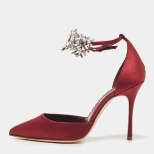 Pre Owned Manolo Blahnik Burgundy Satin Sicariata Crystal Embellished Ankle Cuff Pumps Size 36