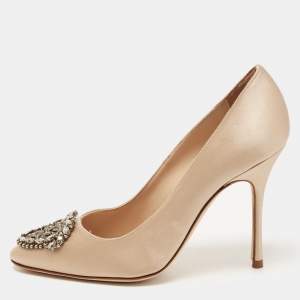Pre Owned Manolo Blahnik Light Gold Satin Okkava Pumps Size 36.5