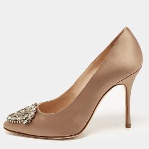 Pre Owned Manolo Blahnik Beige Satin Okkava Crystal Embellished Pumps Size 36.5